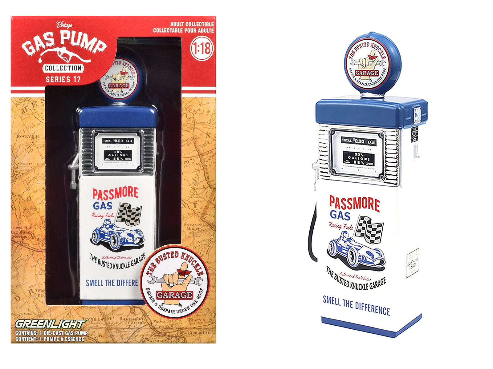 1951 Wayne 505 Gas Pump "Busted Knuckle Garage" White and Blue "Vintage Gas Pumps" Series 17 1/18 Diecast Replica by Greenlight