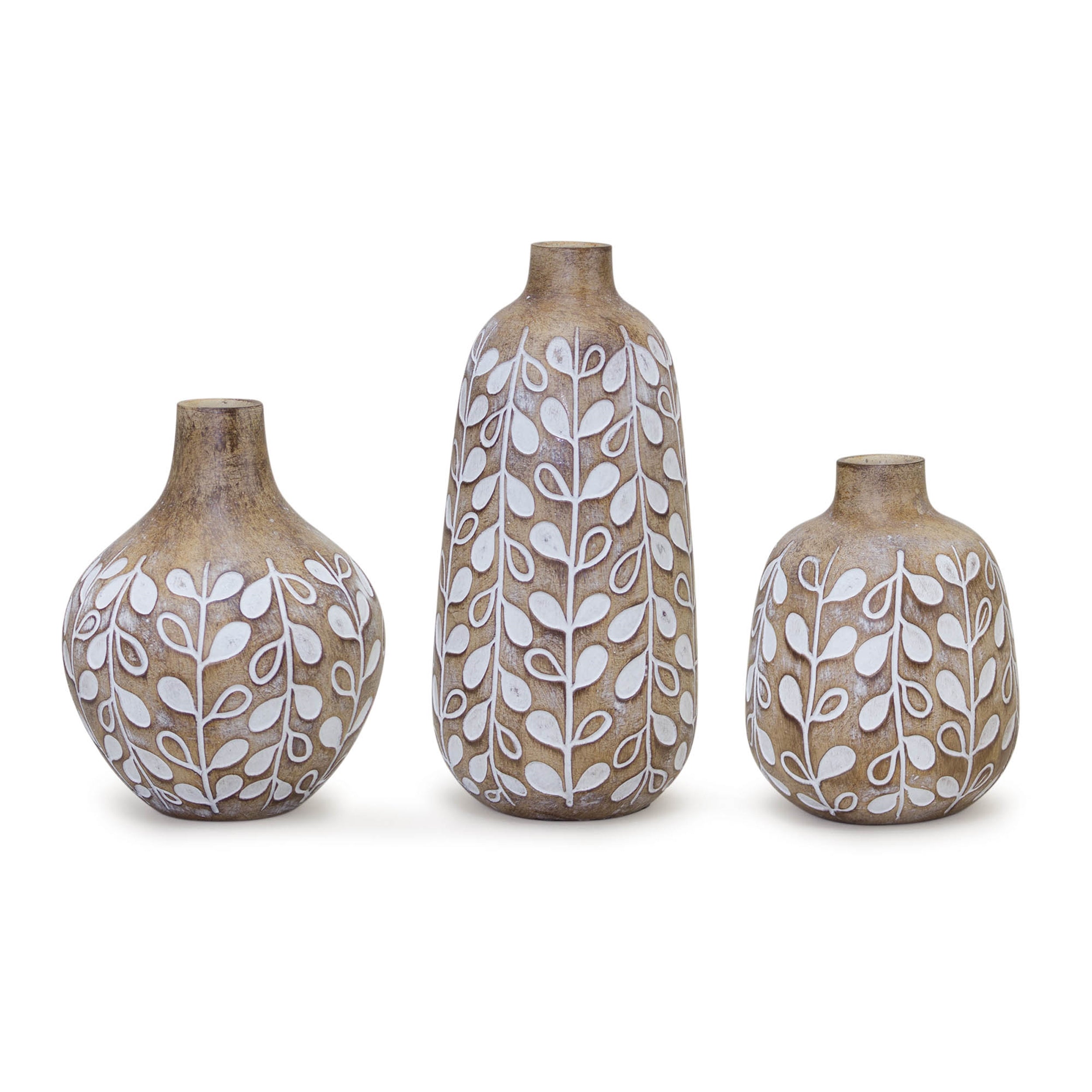 Leaf Print Vase with Wood Design (Set of 3)