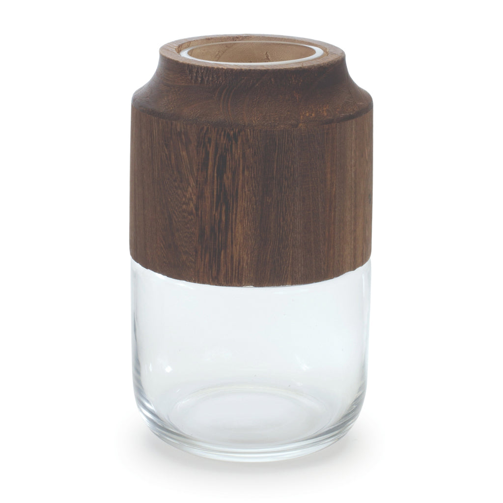 Sage Glass Vase with Wood Accent 9"H